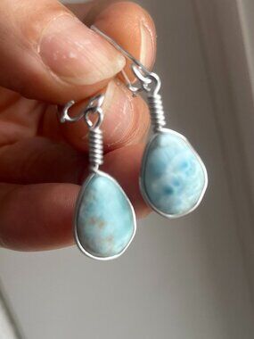 Genuine Dominican Larimar Teardrop Earrings - Silver Wire Wrapped Boho
